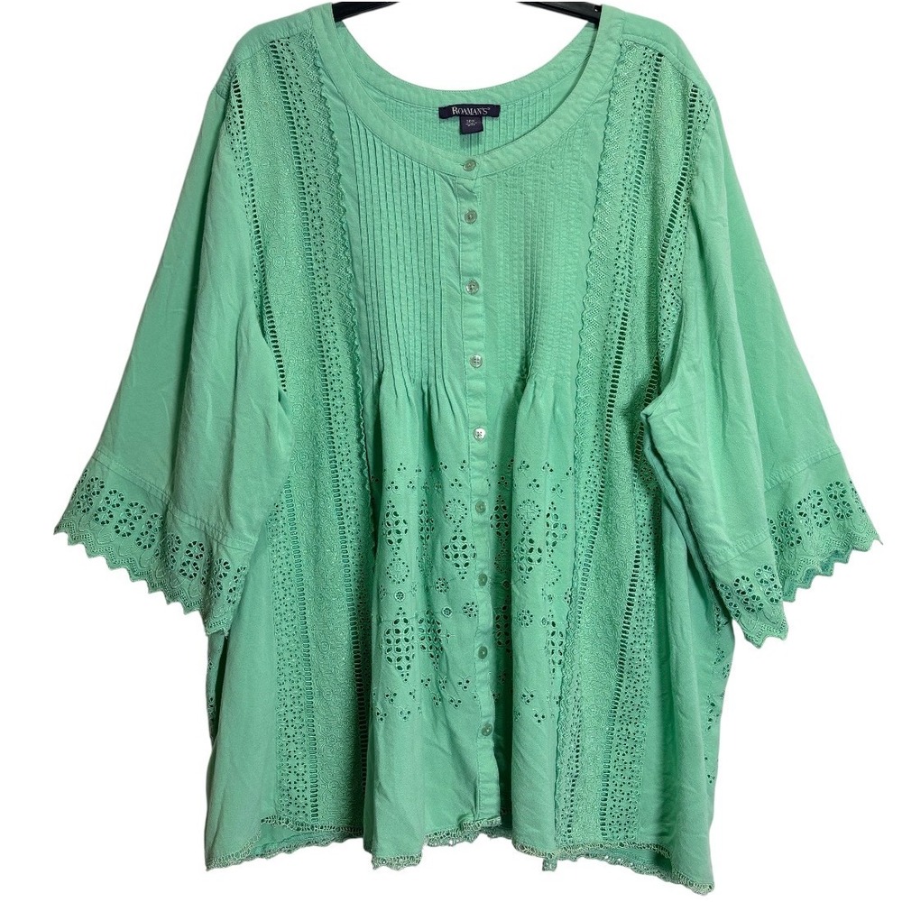 Roaman's Blouse Womens 30W Green Eyelet Pintuck Button Front Rayon Top